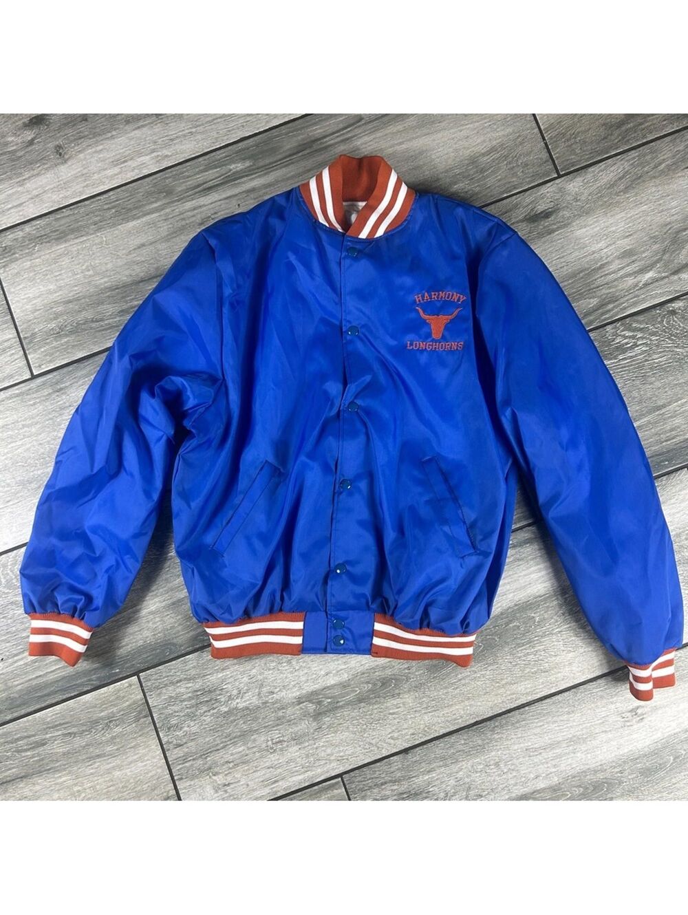 Vintage Harmony Longhorns Blue Varsity Jacket Orange White Striped Made in USA